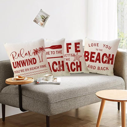 ULOVE LOVE YOURSELF Coastal Beach Throw Cushion Covers Double-Sided Tropical Palm Paddles Anchor Starfish Summer Beach House Decorative Pillowcase 18 x 18 Inch 4Pack Porch Patio Decor (Red)