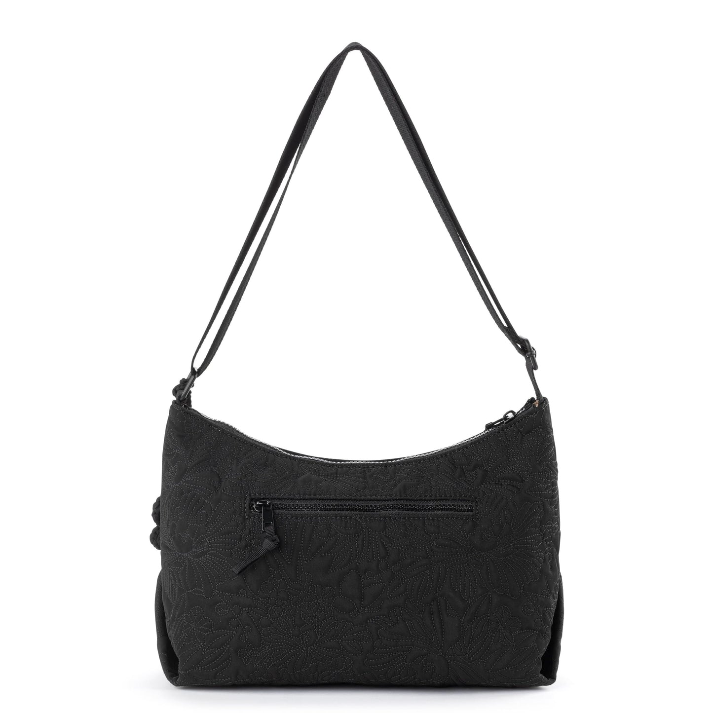 Sakroots Banyan Hobo – Shoulder bag with Zipper Closure, Back Zipper Pocket, detachable key dangle. Lightweight Travel, Work, or Everyday Hobo for Women - Black Flower Blossom Quilt