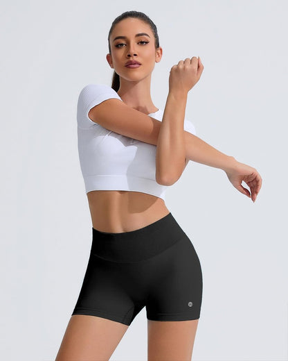RIOJOY Womens Workout Shorts 4" Seamless High Waisted Scrunch Sports Yoga Fitted Short Tummy Control Running Biker Athletic No Front Seam Pants Soft Lightweight Booty Leggings Black L