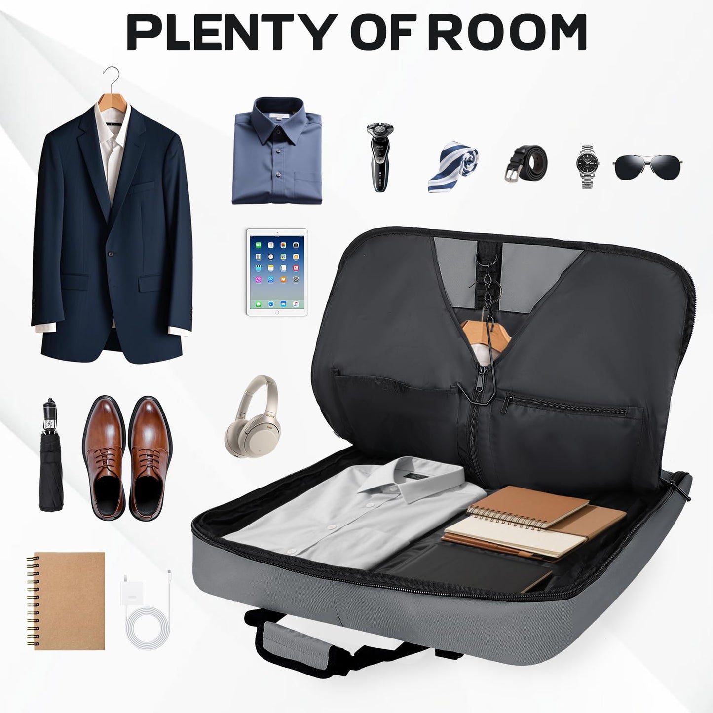 Goloni Garment Bag Suit Bag for Travel & Business, Hanging Shoulder Garment Cover, Foldable Waterproof Clothes Protector for Suit Jacket Dress Coat Wardrobe Storage Grey
