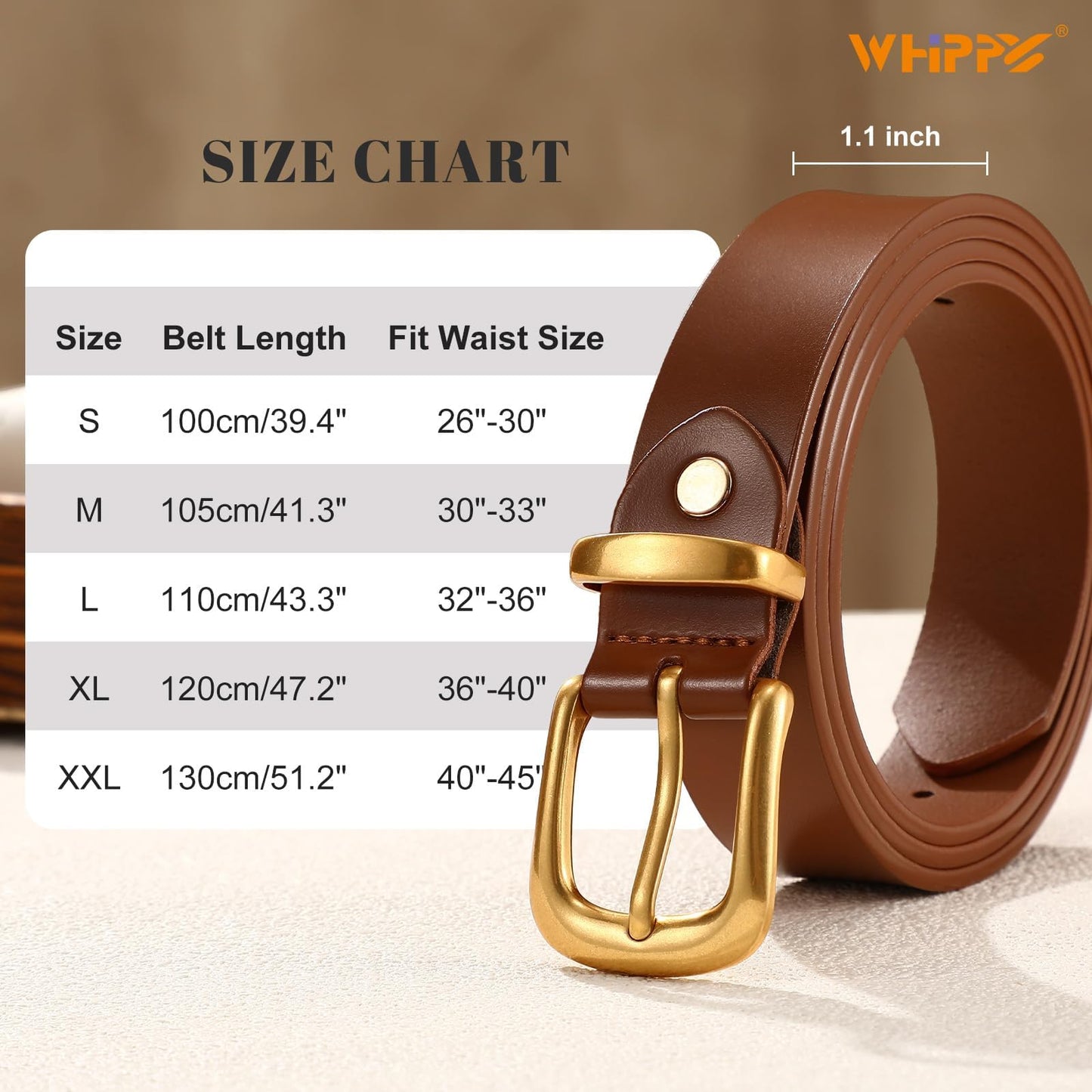WHIPPY Womens Genuine Leather Belts for Jeans Pants Fashion Vintage Ladies Leather Belt with Gold Buckle, Cognac, S