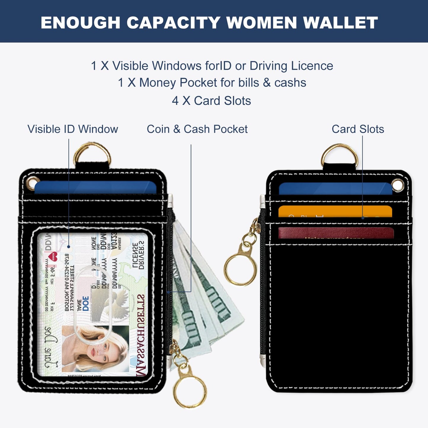 DATOUCAT Slim Wallet Credit Card Holder, Black, RFID Wallet Women Cute Small Front Pocket Wallet With Zipper, PU Leather Thin travel RFID Blocking Card Case ID Window,Ladies Gifts