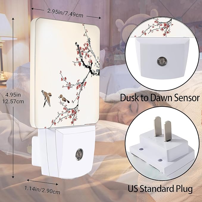 Retro Bird Night Light, Cherry Blossoms Night Lights Plug into Wall Decor for Bedroom, Bathroom, Hallway, Kitchen, Dusk to Dawn Sensor Nightlights for Boys Girls Women Men Room Gifts