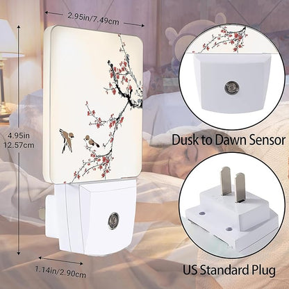 Retro Bird Night Light, Cherry Blossoms Night Lights Plug into Wall Decor for Bedroom, Bathroom, Hallway, Kitchen, Dusk to Dawn Sensor Nightlights for Boys Girls Women Men Room Gifts