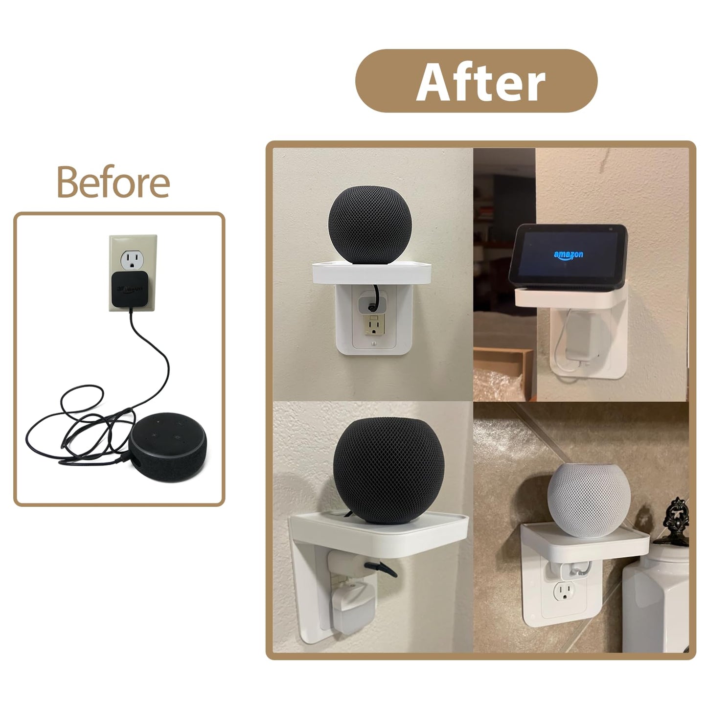 Outlet Shelf Holder Fit for Decorator Receptacle, Bathroom Decor Built-in Cable Management,Space Saving Homepod Mini,Google Home/Echo/Smart Speakers/Electric Toothbrush/Cell Phone (Decora)