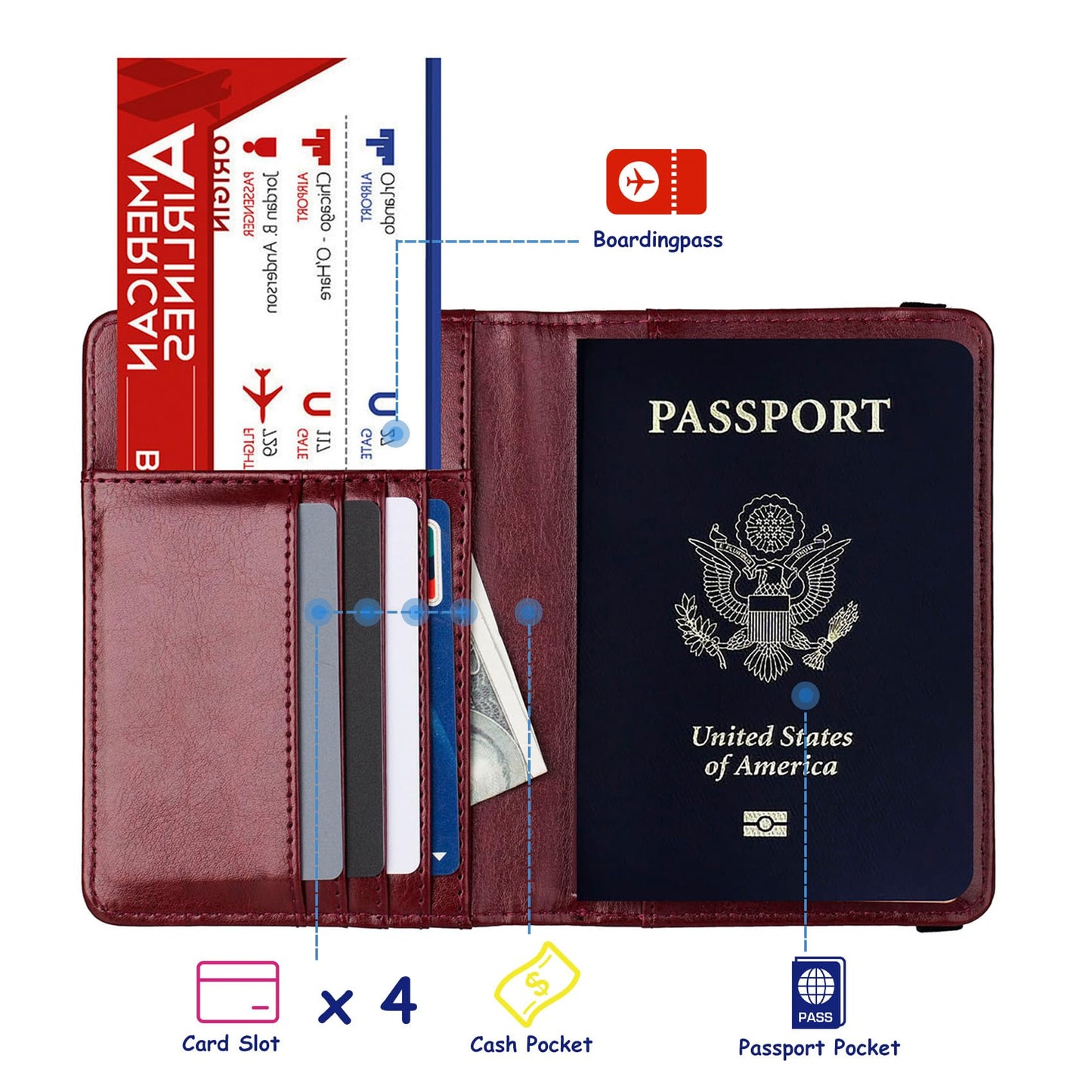 TOURSUIT RFID Blocking Passport Holder for Women Men, Leather Passport Travel Wallet with 3D Metal Badge, Travel Document Organizer Cover Accessories (Rose Red)