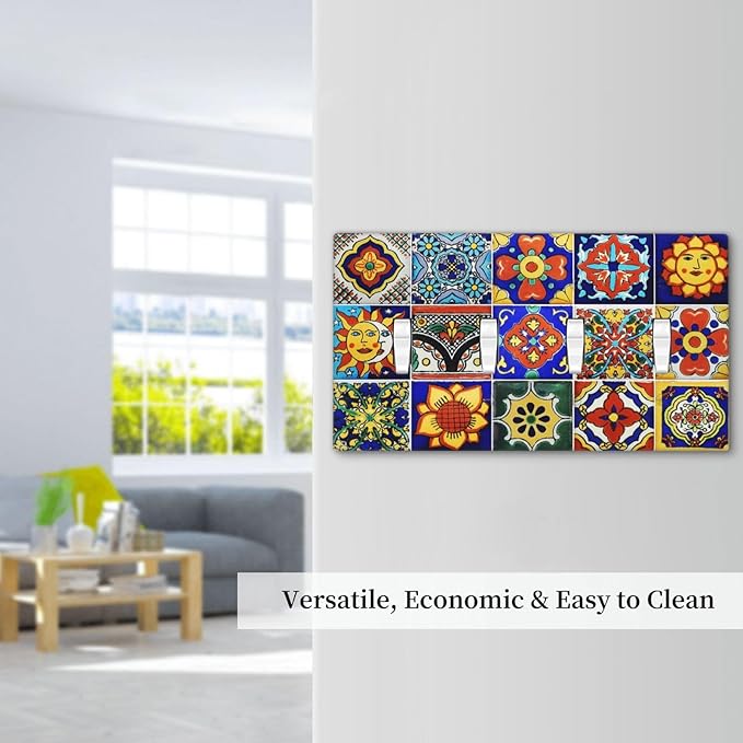 Traditional Colorful Talavera Mexican Spanish Moroccan Tiles Quad Gang Toggle Light Switch Cover 4-Gang Wall Plates Decorative Electrical Switchplate for Home Bedroom Art Decorate