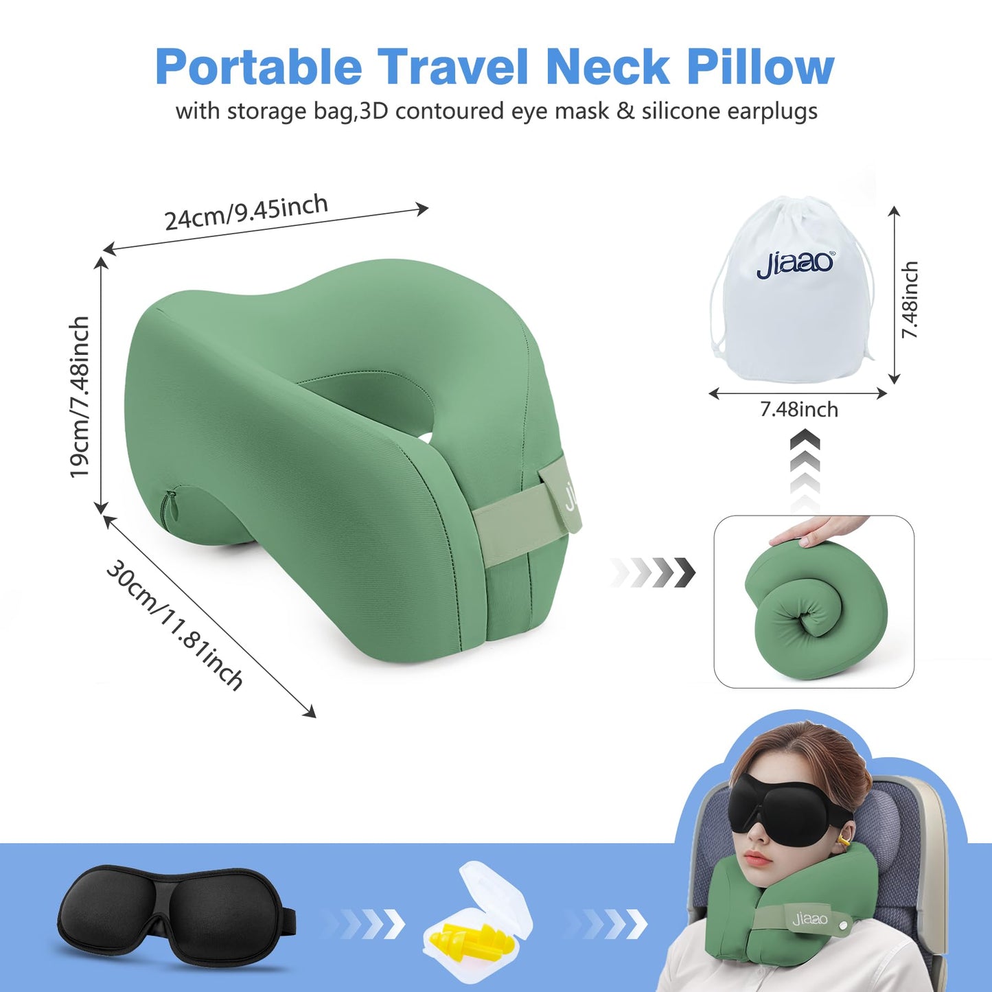 jiaao Neck Pillow Airplane, Memory Foam Travel Neck Pillows for Long Flight, 3D Eye Masks, Ear Plugs and Portable Drawstring Bag, Napping Pillow for Home, Road Trips, Sleep Rest and Travel Use