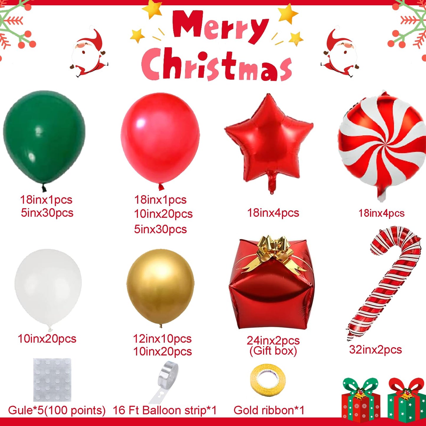 AobkDeco 151PCS Christmas Balloon Garland Arch Kit with Red White Golden Dark Green Balloons Candy Foil Balloon Candy Cane Balloon Gift Box Balloon Star balloon for Christmas Party Decorations