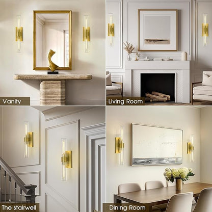 Brass Bathroom Vanity Light, 2-Light Bathroom Wall Sconce Over Mirror, 22.8" Gold Vanity Light for Bathroom, Dimmable Vanity Sconce with Glass Tube, Bathroom Linear Sconce for vertical and horizontal