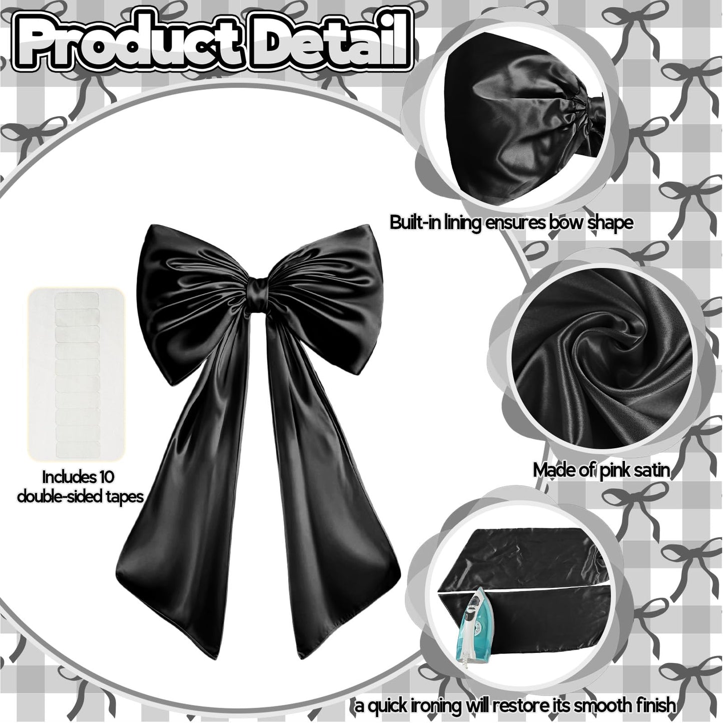 Froova Black Bow Decor, 40 x 24 Inches Large Big Black Bow Party Decorations for Backdrop Birthday Wedding Bride, Huge Satin Ribbon Tie Hanging Wall Decor for Her (Satin, Internal Stability Layer)