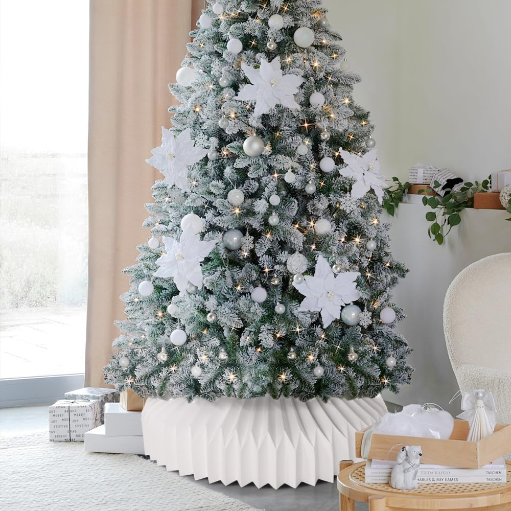 JOICEE Honeycomb Christmas Tree Collar,Foldable Paper Christmas Tree Ring Modern Tree Base Cover Basket Skirt Collars for Artificial Trees Christmas Holiday Home Decoration(White)