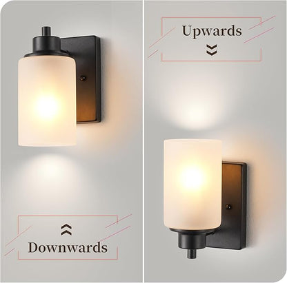 3-Pack Modern Wall Sconces, Indoor Bath Vanity Light Fixture Bathroom for Living Room, Porch, Bedside, Farmhouse Black Finish with White Frosted Glass Shades Wall Mounted Lights