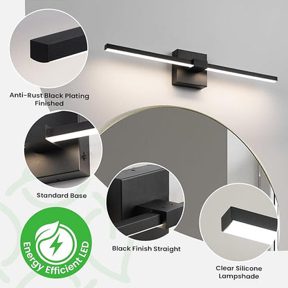 URSOLA Black Bathroom Light Fixtures, 24 inch Modern LED Vanity Lighting Over Mirror, 3CCT Dimmable Wall Sconces for Bedroom
