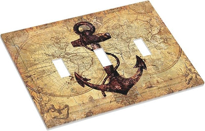 Anchor Nautical Vintage Map 3 Gang Light Switch Covers Triple Toggle Wall Plate Decorative Switchplate Electrical Faceplate for Office Livingroom Home Decor