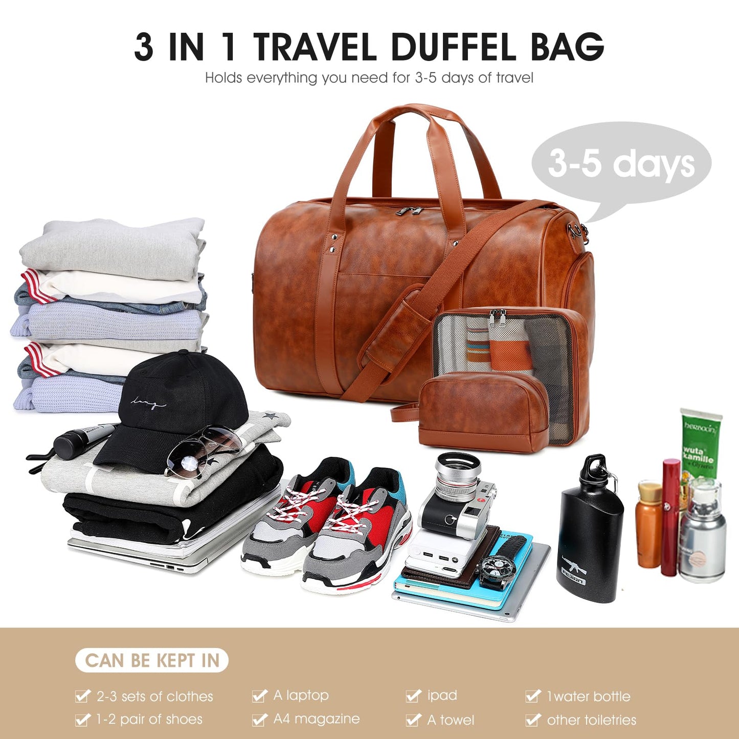 Wogarl 3PCS Faux Leather Weekender Bag for Women Men Large Overnight Travel Duffel Bags with Shoe Compartment Toiletry Packing Cube Carry On Duffle Fit 21" Laptop(Dark Brown)