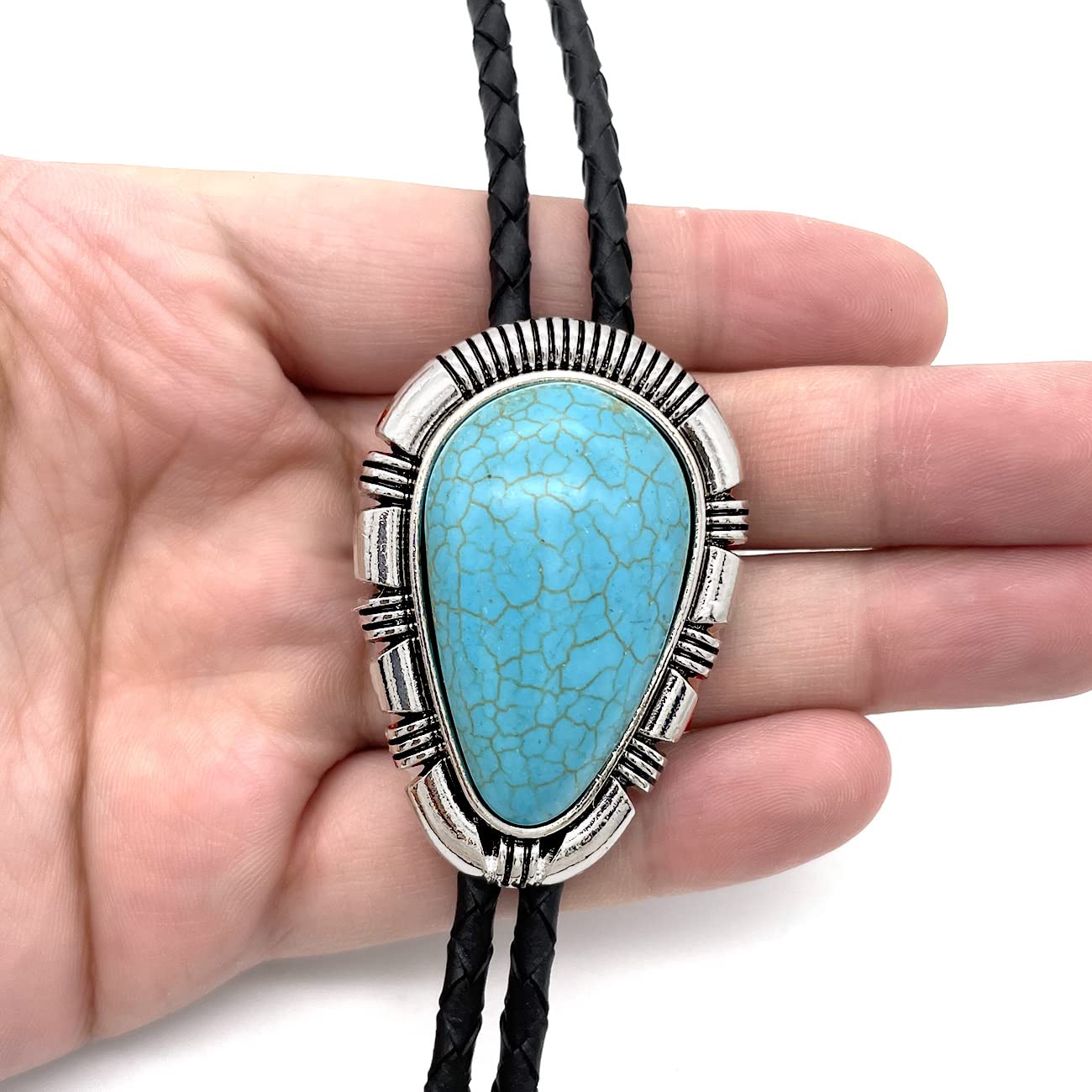 YOQUCOL Droplet Shape Blue Turquoise Stone Bolo Tie Native Western Cowboy Bola Tie Hand-woven Leather Necktie for Men Women