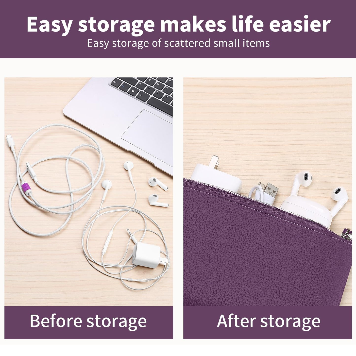Genuine Leather Zipper Purse, Travel Makeup Bag With Zipper for Men Women Coin Bag Lipstick Cosmetic Accessories Organizer, Travel Kit Storage Pouch (Purple)