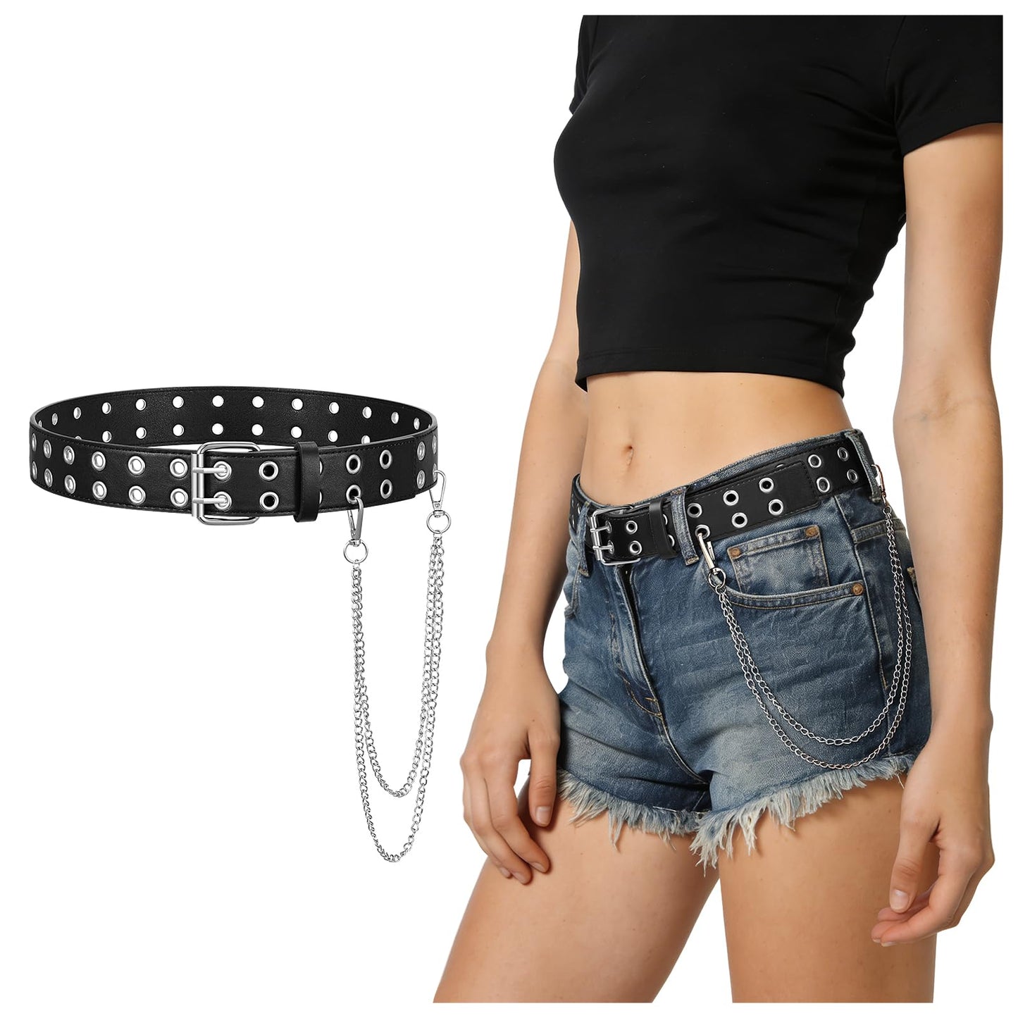 WERFORU Double Grommet Leather Belt with Detachable Chain for Women Punk Black Studded Waist Belt for Pants Jeans