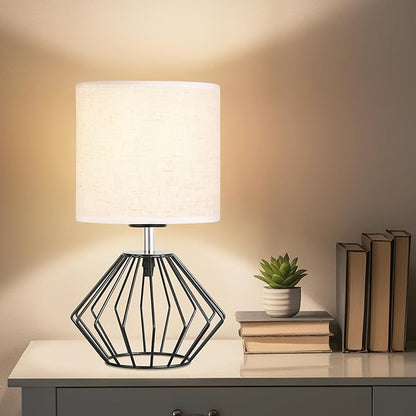 Hamilyeah Bedside Lamps Set of 2 with On/Off Switch, Black Industrial Table Lamps for Night Stands with Beige Linen Fabric Shade