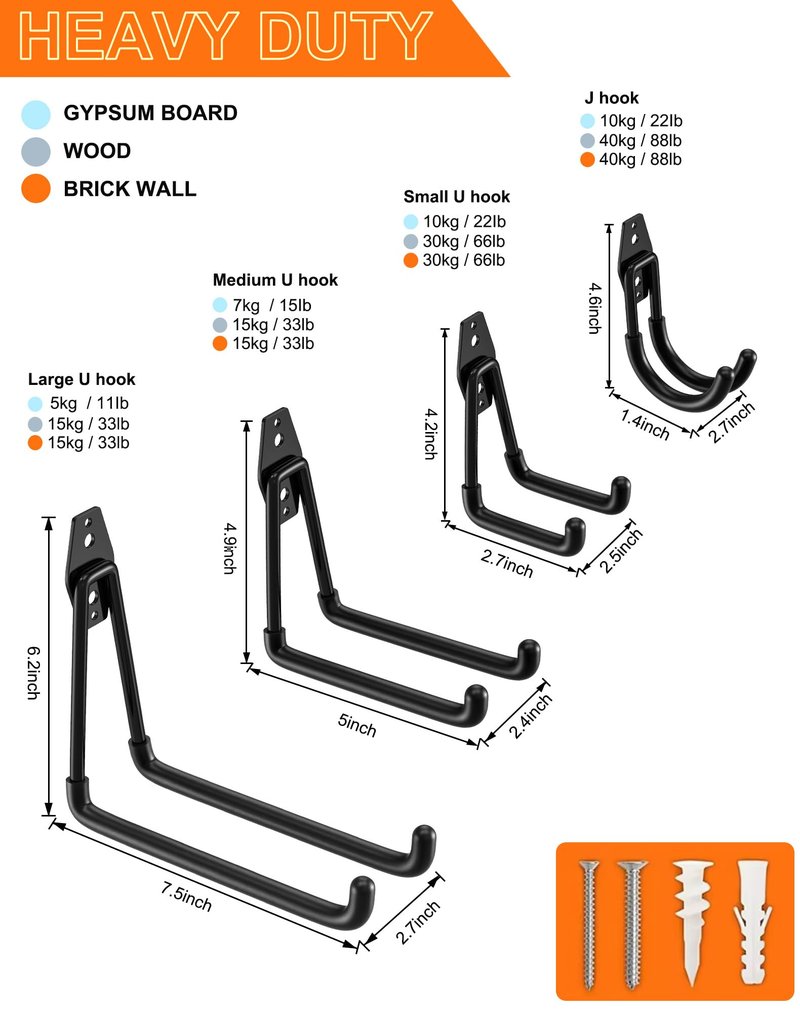 QcoQce 14 Pack Garage Hooks Heavy Duty with 2 Extension Cord Straps,Garage Storage Hooks, Wall Mount Hooks, Garage Organization and Tool Hangers for Bike, Ladder, Ropes and Garden Tools