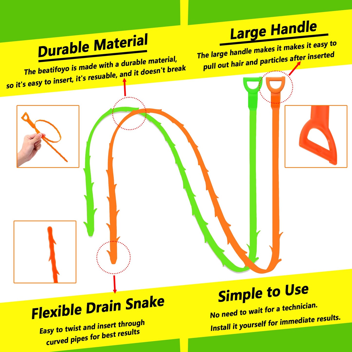 Beatifoyo Drain Snake, Drain Clog Remover,Hair snake Tool Opener, sink snake for Sewer Kitchen Sink Bathroom Tub Toilet Clogged Drains Relief Cleaning Tool(1pc 25 Inch +1pc 20inch)