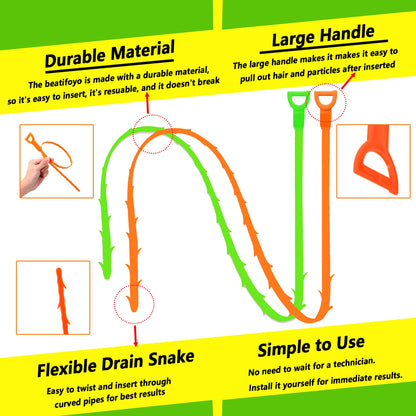 Beatifoyo Drain Snake, Drain Clog Remover,Hair snake Tool Opener, sink snake for Sewer Kitchen Sink Bathroom Tub Toilet Clogged Drains Relief Cleaning Tool(1pc 25 Inch +1pc 20inch)