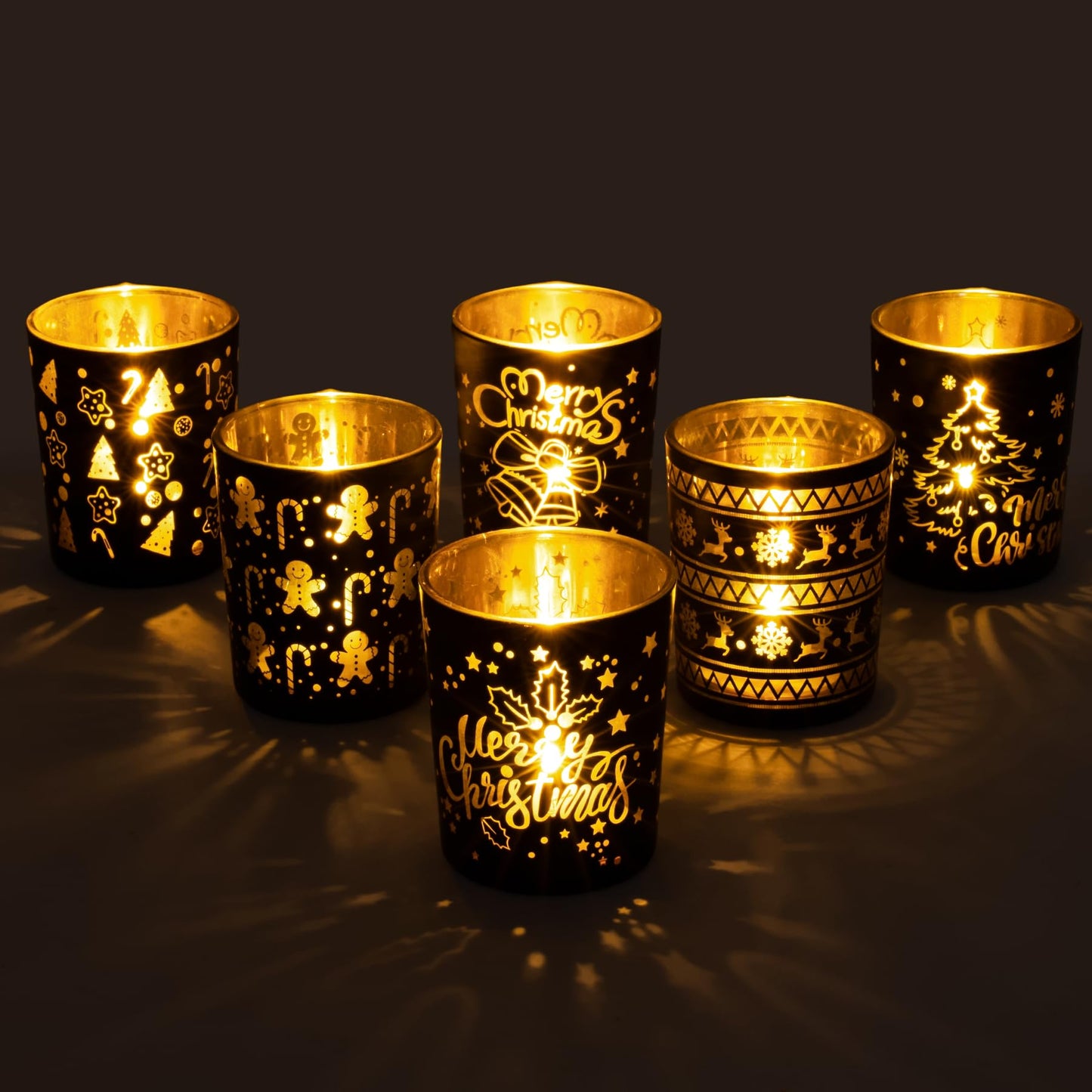 Christmas Votive Candle Holders, Set of 6 Black Gold Tealight Candle Holder for Christmas Table Centerpieces, Small Glass Tea Light Holders with Snowflake Reindeer Gingerbread Man for New Year Holiday