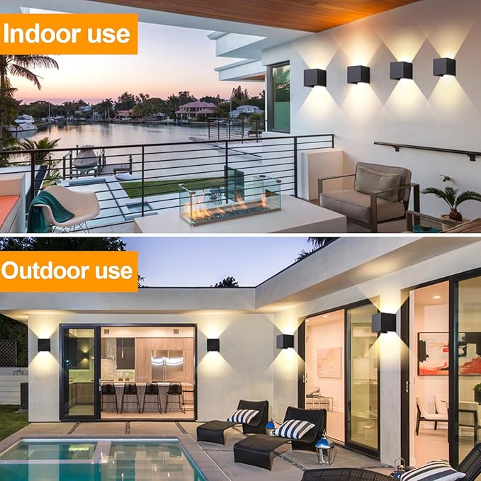 4 Pack Outdoor Wall Sconces Exterior/Interior LED Wall Lights,Square Modern Wall Sconce Fixture Set, Up and Down Lights IP65 Outdoor Waterproof Lights, 12W Warm Light 3000K Wall Light.