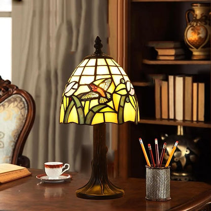 Small Tiffany Table Lamp,3 Color Temperature Hummingbird Stained Glass Table Lamps for Living Room, Dining Room,Bedroom Bedside Nightstand Night Light,W/LED Bulb,6X6X13Inch