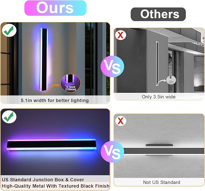2 Pack Outdoor Long Wall Light for Porch, 24 inch Modern RGB Led Wall Lights Fixture, Dimmable Outside Wall Sconce Linear Lights, Exterior Lighting Fixtures for Garage, Patio, Front Door