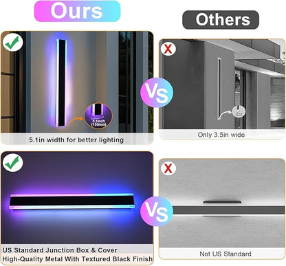 2 Pack Outdoor Long Wall Light for Porch, 24 inch Modern RGB Led Wall Lights Fixture, Dimmable Outside Wall Sconce Linear Lights, Exterior Lighting Fixtures for Garage, Patio, Front Door