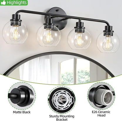 Bathroom Light Fixtures Black Vanity Light 4 Light Wall Sconces Lighting Bathroom Lights with Globe Clear Glass Shade Bath Wall Lights Wall Lamp for Mirror Kitchen Living Room Bedroom Hallway 27 Inch