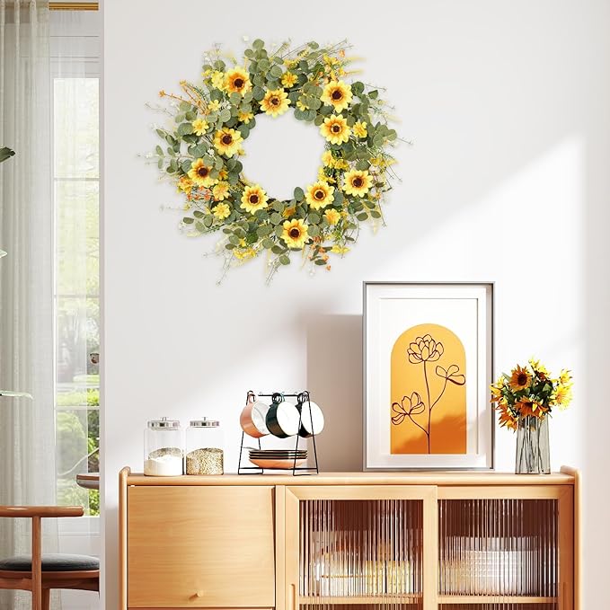 24" Sunflower Wreath for Front Door - Artificial Floral Lush Summer Wreath with Adjustable Headband & DIY Decor for Wall, Home, Wedding, Party, Christmas (Yellow)