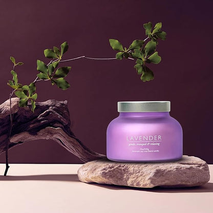 Lavender Candle 19oz Volcano Jar with Wooden Wick Upto 75 Hours Burn Time in a Large 4" x 5" Solid Purple Glass Jar in a Luxury Gold Foil Gift Box