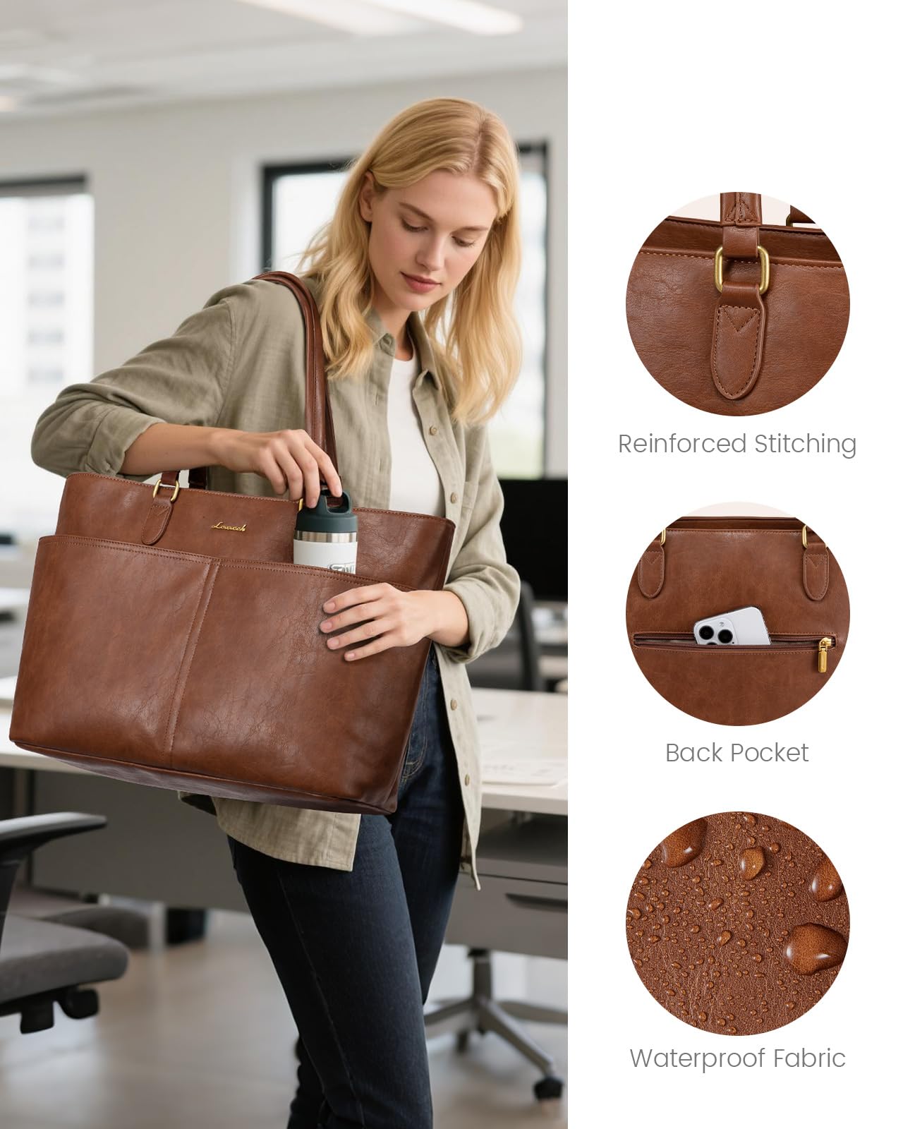 LOVEVOOK Work Tote Bags for Women, Vintage Leather 15.6 Inch Laptop Bag with Large Cup Holder, Teacher Nurse Medical Professional Computer Bag, Office Briefcase Handbag Gift