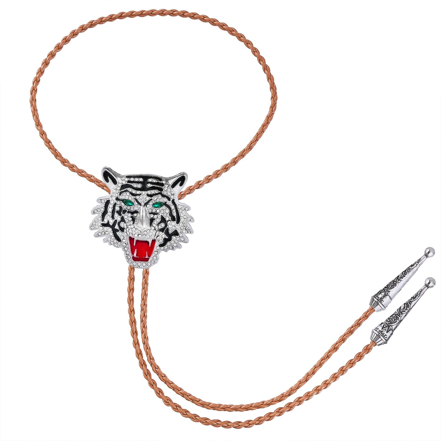 GelConnie Bolo Tie for Men - Crystal Tiger Head Bolo Tie for Men - Brown Leather Cord Western Cowboy Rhinestone Animal Bola Ties