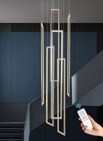Flashing God Large Modern Chandeliers, Silver with 6 Ring Led Foyer High Ceiling Chandelier for Living Room, Rectangle for Entryway Staircase LED Dimming 2700k-6001k