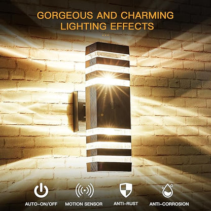 Motion Sensor Outdoor Wall Light Fixture Up Down Porch Lights Modern Dusk to Dawn Exterior Sconce Wall Mount Outside Coach Lantern for House Front Door Garage (Include 2 Free Dimmable Bulbs)