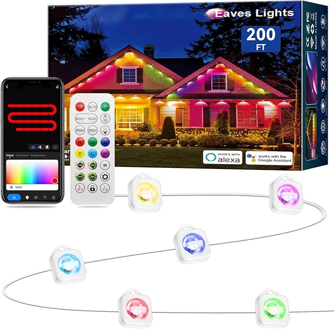 Permanent Outdoor Lights, 200ft Smart IC+RGB Outdoor Christmas Lights with 144 LED, IP67 Waterproof LED Eaves Lighting with DIY Scene Modes for Halloween Holiday Decor, Work with App Remote, Alexa