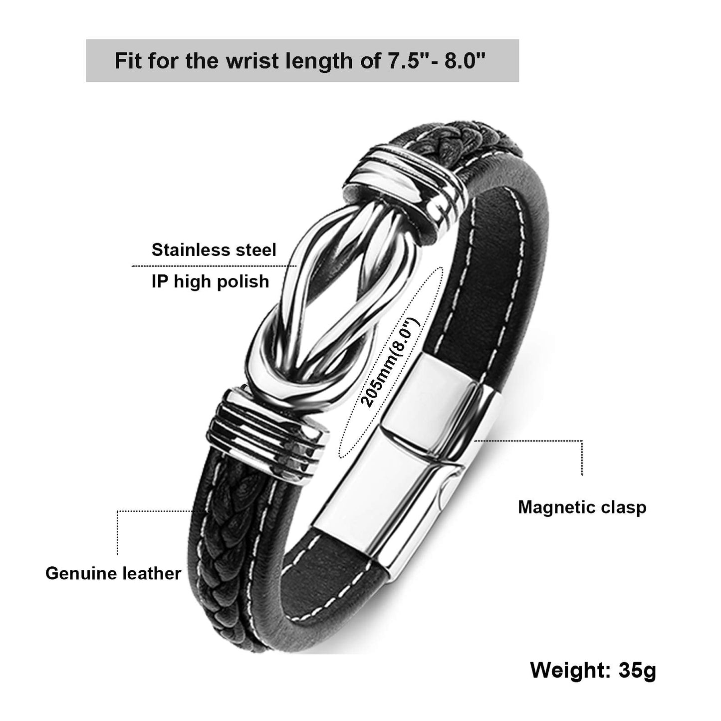LJWVX Mens Leather Bracelet,Braided Leather Wristband Cuff Bracelets Stainless Steel Clasp,Jewellery Gift for Men Black 8.0inch