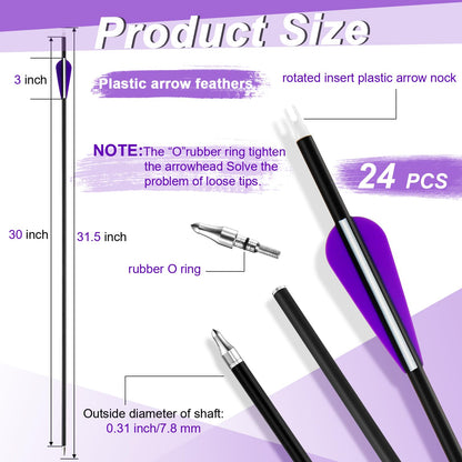 Arrowbash 24 Pcs 31.5 Inch Arrows for Compound Bow Hunting Arrows Carbon Arrows with 3 Inch Plastic Arrow Feathers and Removable Tips 500-600 Spine Archery Target Arrows for Recurve Bow(Purple)