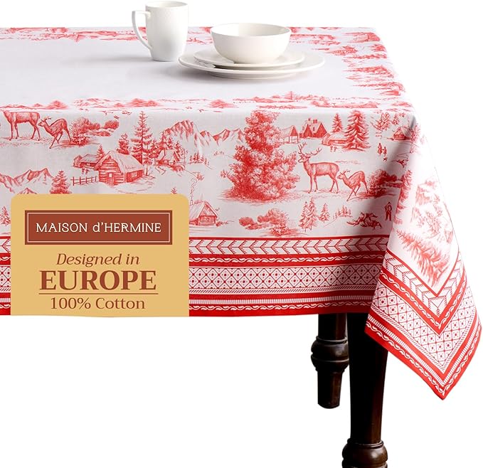 Maison d' Hermine Table Cloth Rectangle Table 100% Cotton 60 x 108 Inches Fall Tablecloth Reusable Everyday Use for Thanksgiving Christmas Decorations Dining Farmhouse Party (Winter Jouy)