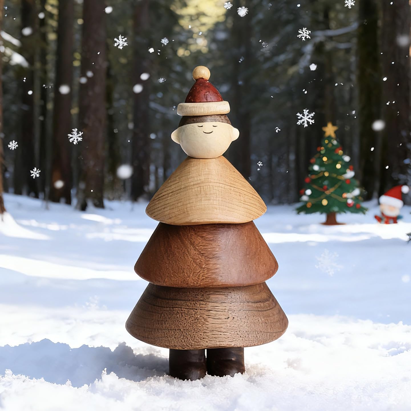 YANISM Christmas Tree Boy Figurine,Wooden Christmas Decoration,Creative Tree & Boy Design,Rustic for Her or Him,Natural Wood Christmas Home Decor