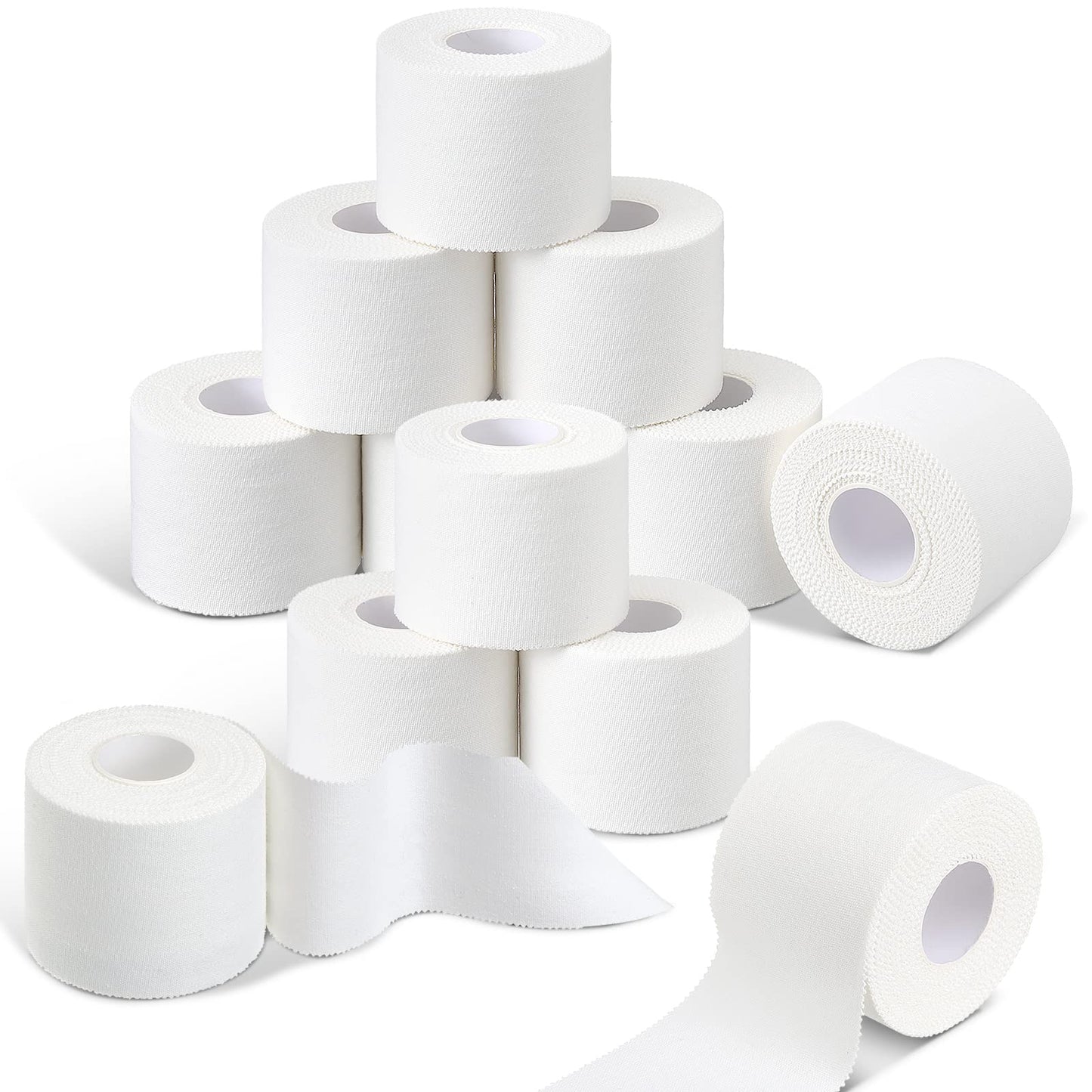 Hoolerry 12 Rolls 130 Yard 2 Inch Athletic Sports Tape White Pre Wrap Very Strong Easy Tear No Sticky Residue Tape for Fingers Ankles Wrist Injury Wrap, Bat Climbing Football Baseball Hockey Soccer