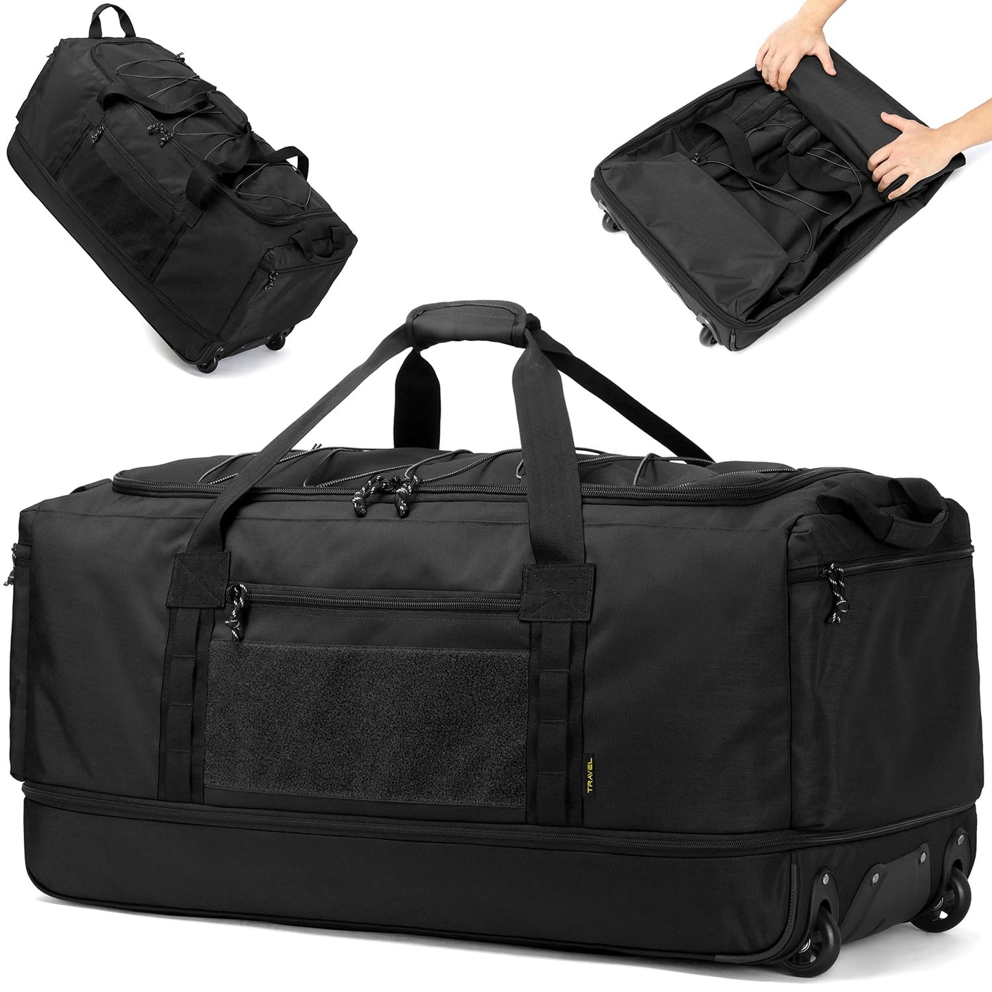 Laripwit Collapsible Duffle Bag with Wheels 130-170L Extra Large Expandable Travel Duffel Bag for Men Women Heavy Duty Military Duffle Bag for Camping Rolling Foldable Carry On Luggage, Black