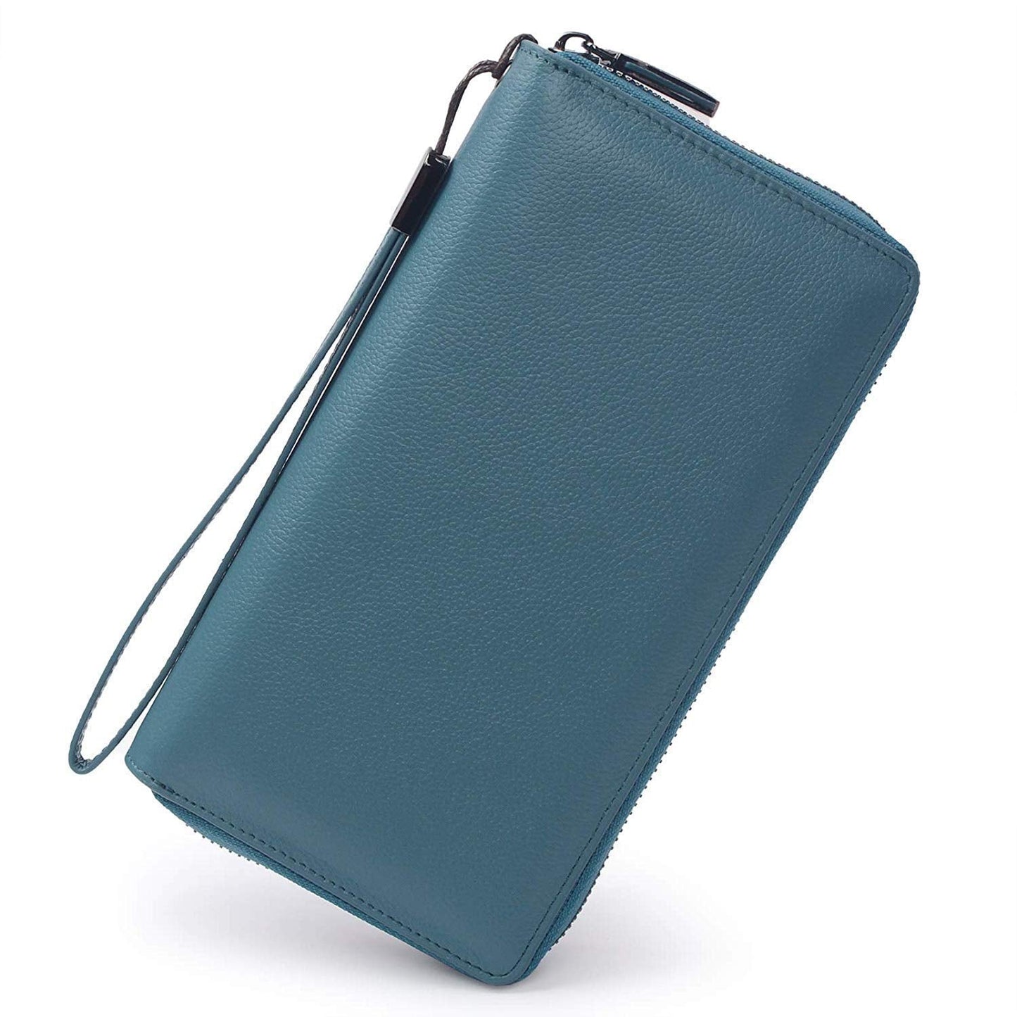 Bveyzi Women RFID Blocking Wallet Leather Zip Around Phone Clutch Large Capacity Ladies Travel Purse Wristlet (Lake Blue)