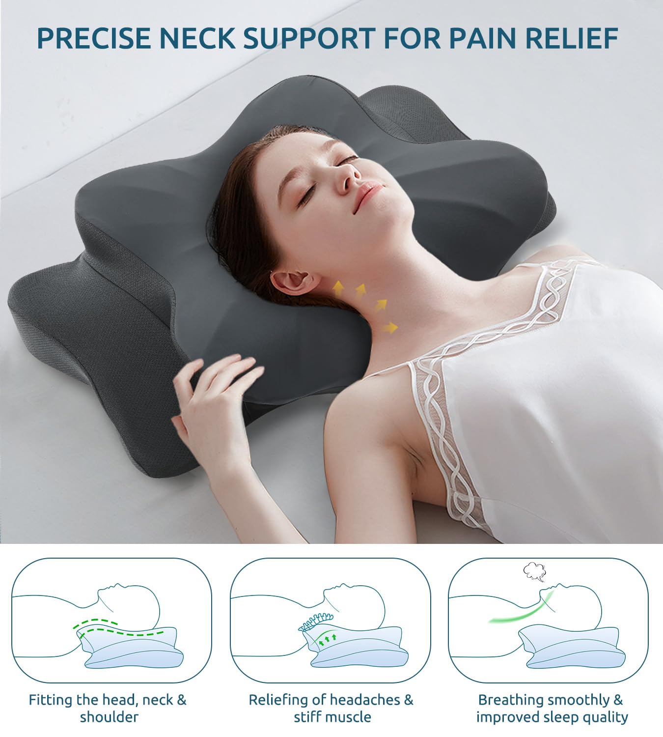 Cervical Pillow for Neck and Shoulder, Ergonomic Contour Memory Foam Pillows for Sleeping, Cooling Neck Support Pillow for Back Stomach Side Sleeper Dark Grey