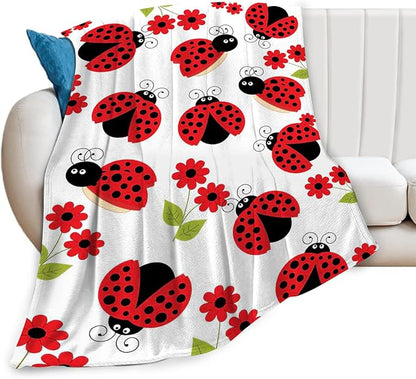 Ladybug Blanket, Lady Bug Cartoon Throw Blankets, Flower Green Leaves Fuzzy Plush Blanket Ultra Soft for Animal Lover Gift Kids Teens Women Men Girls Boys Stuff Decor for Bedding Sofas Couch 50"X40"