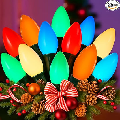 C9 Christmas Lights Outdoor, 25FT 25 LED C9 Multicolor String Lights, Steady Glow & Shatterproof, IP44 Waterproof, UL Listed, Connectable Christmas Tree Lights for Indoor/Outside Roofline & Patio